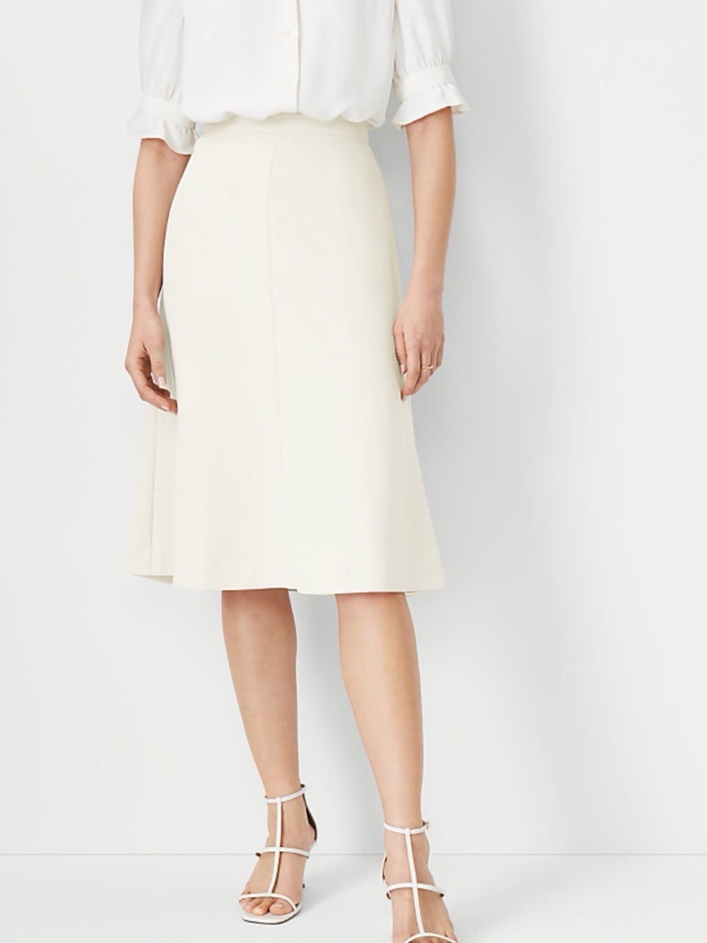 Ann Taylor Soft Cream Midi A-Line The Flare Skirt in Fluid Crepe
